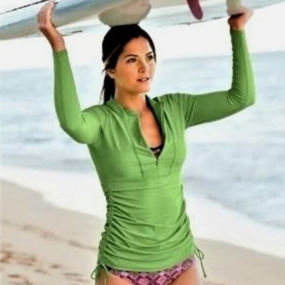 Athleta Swim XS Tidal Long Sleeve ZipUp Ruched Rash Guard Coverup Dress Green - Picture 3 of 8